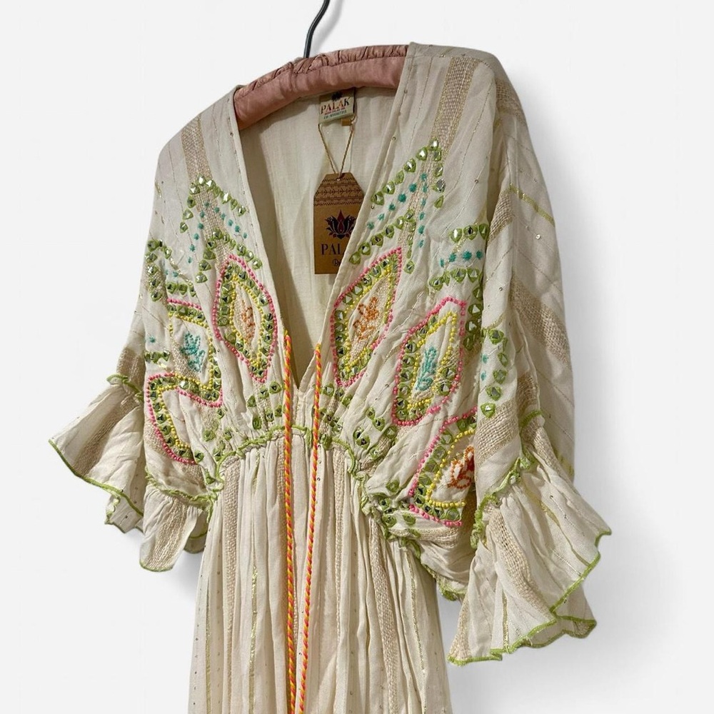 PALAK Boho Embroidered Beaded Cream Neon Detailed Maxi Dress One Size NWT - Picture 4 of 8